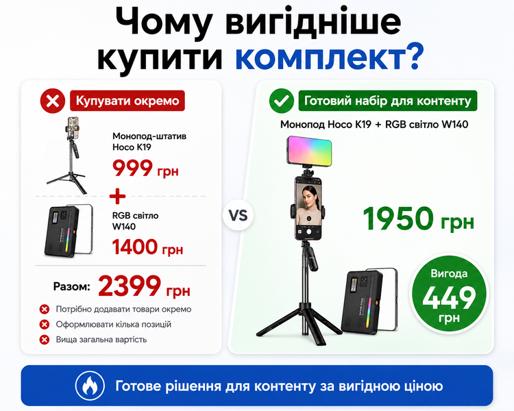 Монопод-штатив Hoco K19 + RGB світло W140 комплект для зйомки відео W140+K19 фото