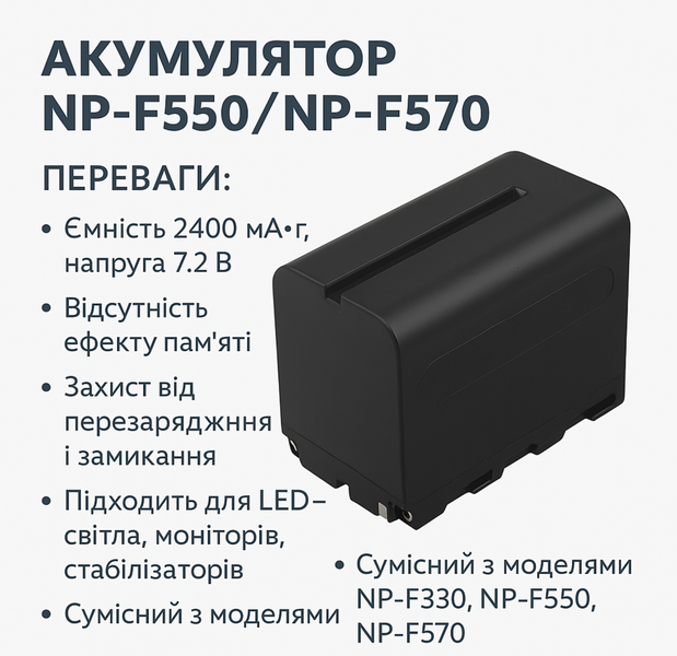 Аккумулятор NP-F550 для камер Sony 2400 мАч Li-Ion Для LED-света и кольцевых ламп 2400 фото